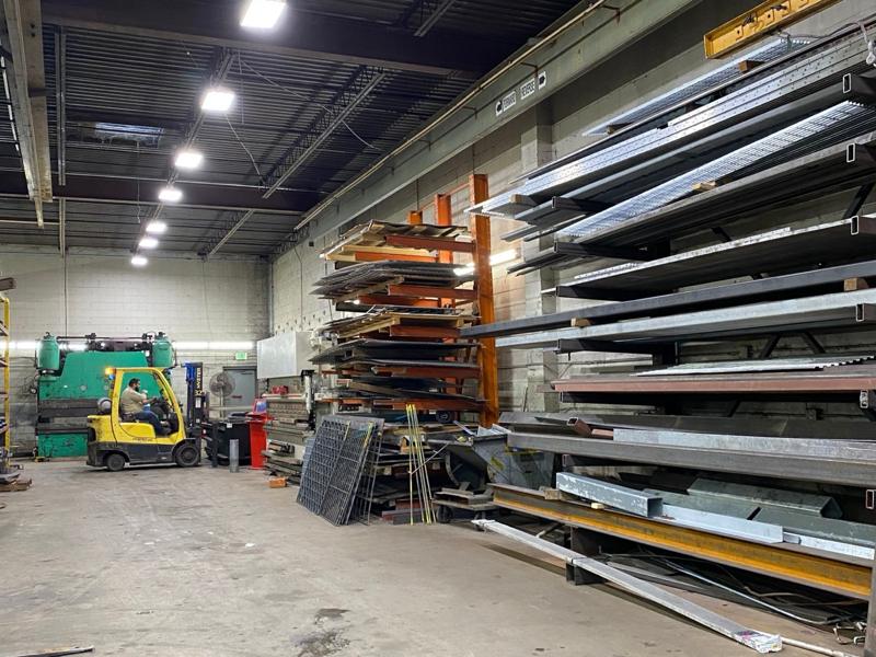 Steel storage racks in the General Welding Company shop