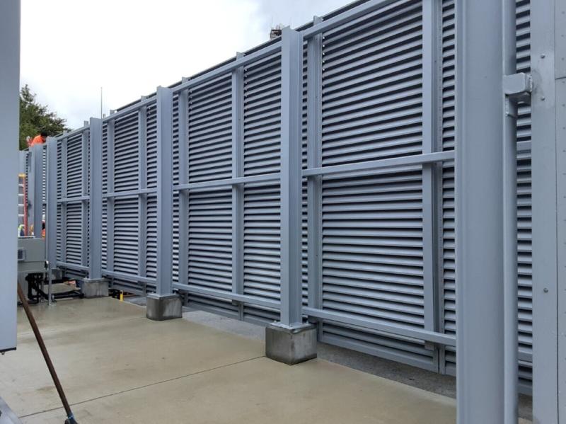 Louvered screen wall framing at American Indian Museum, Maryland. Steel work by General Welding Company
