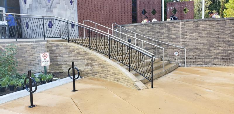 Ornamental railings at entry plaza at Anacostia Museum, Washington, DC. Steel work by General Welding Company