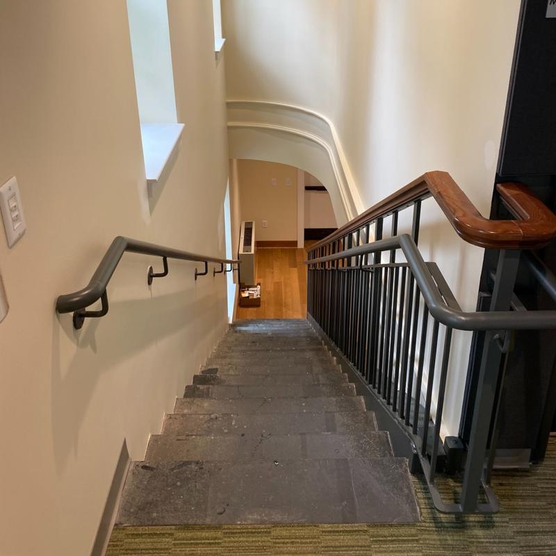 Interior stair railing at Foxcroft Music Building