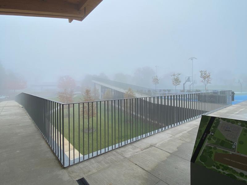Rooftop perimeter guardrail at Lubber Run Community Center, Arlington, VA. Steel work by General Welding Company