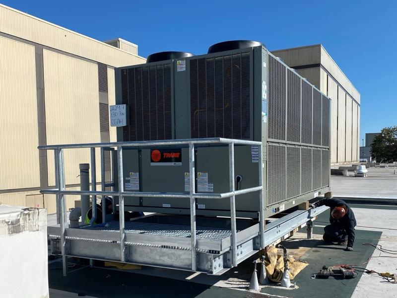 Steel equipment platform for rooftop unit at Wells Fargo Bank, Virginia. Steel work by General Welding Company